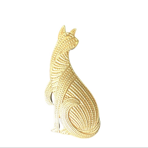 VINTAGE Egyptian Sphinx Cat golden Brooch Bastet Goddess Pin Art Deco Textured - Picture 4 of 7